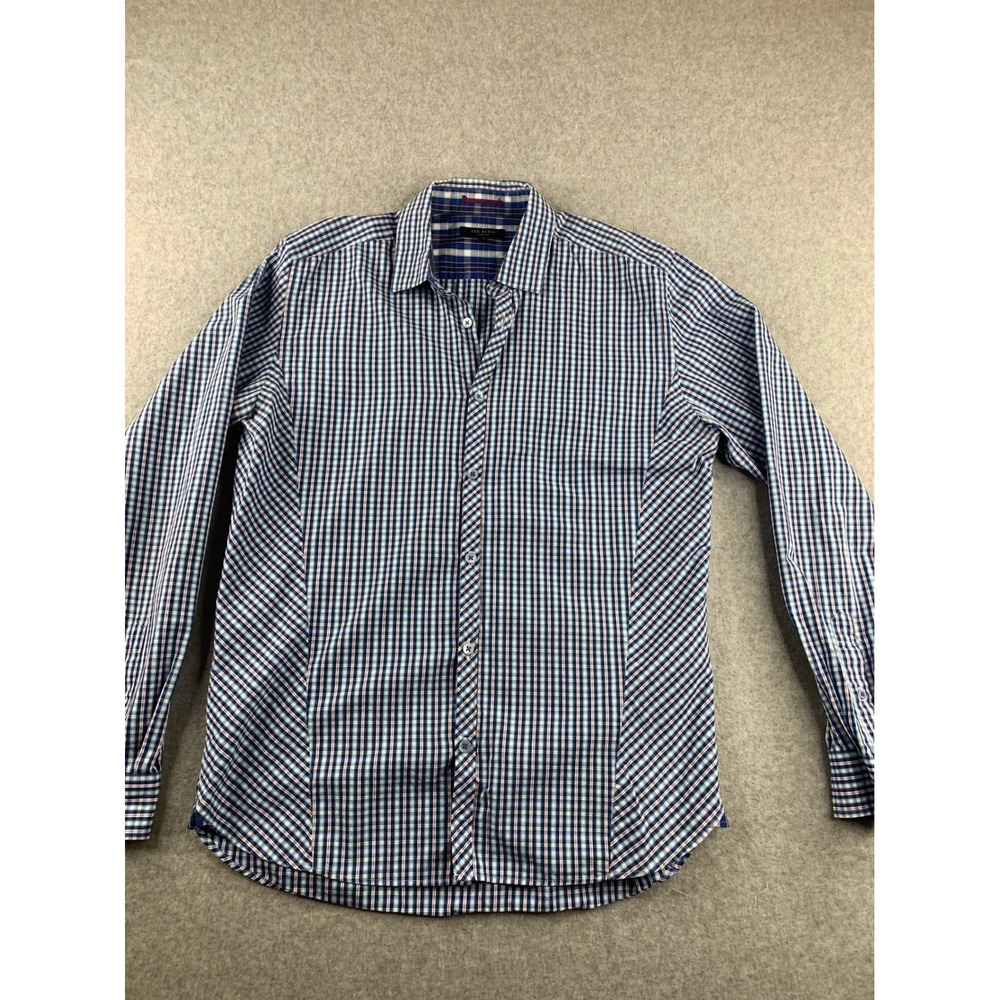 Ted Baker Button Down Shirt Mens‎ 4 Blue Plaid Long Sleeve Tailored Fit